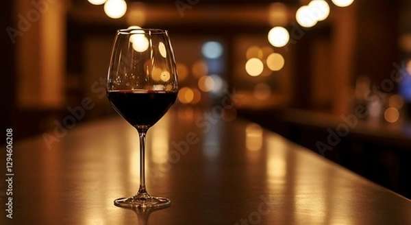Obraz Glass of Red Wine on Bar Top with Bokeh Lights