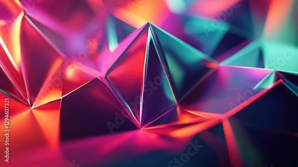 Fototapeta Abstract background with colorful low-poly geometric shapes, a gradient of colors from orange to blue-green, vector illustration,