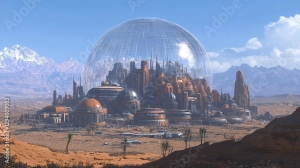 Fototapeta A large alien city thriving under a protective dome on a hostile planet