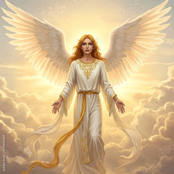 Fototapeta A serene angel with luminous wings clad in white descends from the radiant clouds arms outstretched in welcome.