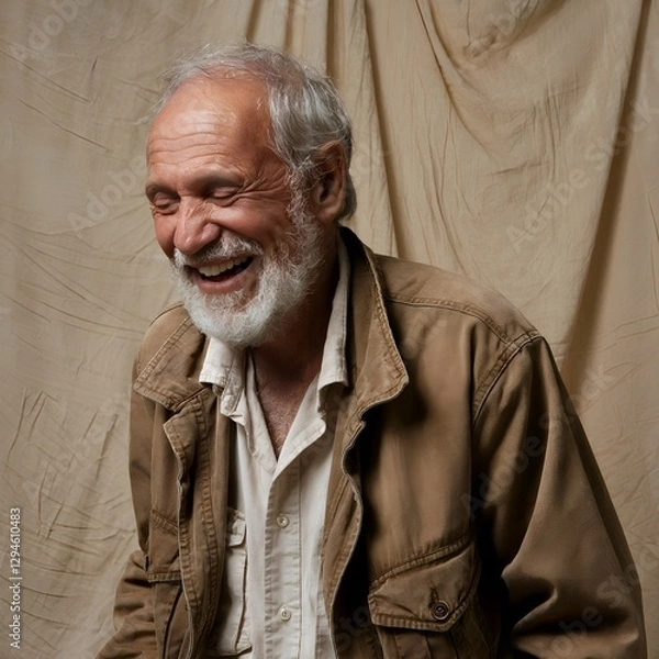 Fototapeta A portrait of an old man laughing ,wrinkles on face, beard, generated by AI