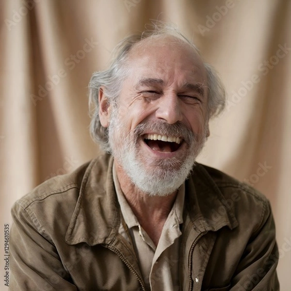 Fototapeta A portrait of an old man laughing ,wrinkles on face, beard, generated by AI