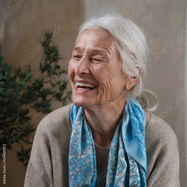 Obraz A portrait of an old woman laughing ,wrinkles on face, generated by AI
