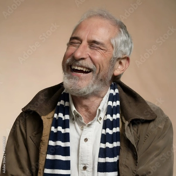 Fototapeta A portrait of an old man laughing ,wrinkles on face, beard, generated by AI