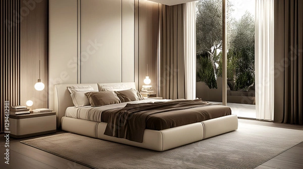 Obraz 
Italian minimalist luxury bedroom, sleek modern furniture, soft neutral tones, plush bedding, subtle decorative elements, warm ambient lighting, creating a tranquil and elegant ambiance.

