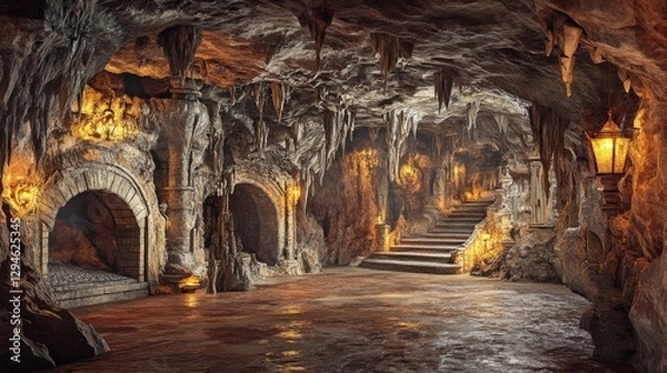 Fototapeta Mysterious Underground Cave Interior with Stone Architecture and Golden Lights