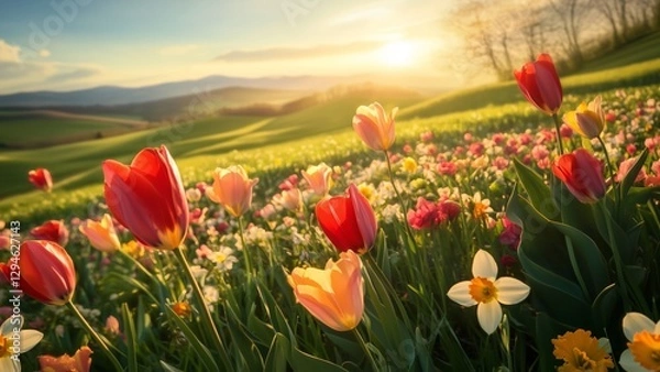 Fototapeta A breathtaking spring landscape with colorful tulips, daffodils, and cherry blossoms in full bloom, bathed in golden morning sunlight. A gentle breeze moves the petals, creating a dreamy, fresh atmosp
