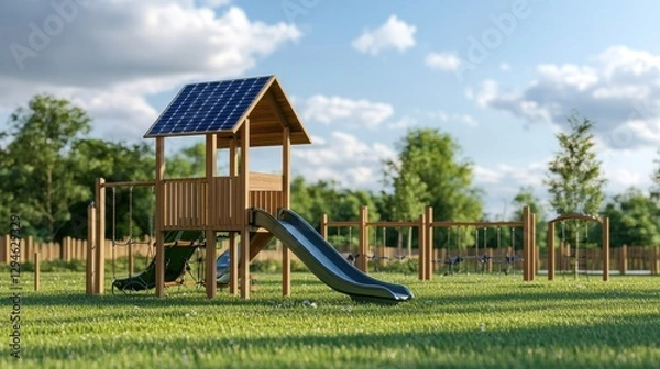 Fototapeta Children playing on solar-powered playground equipment local park outdoor scene sunny day