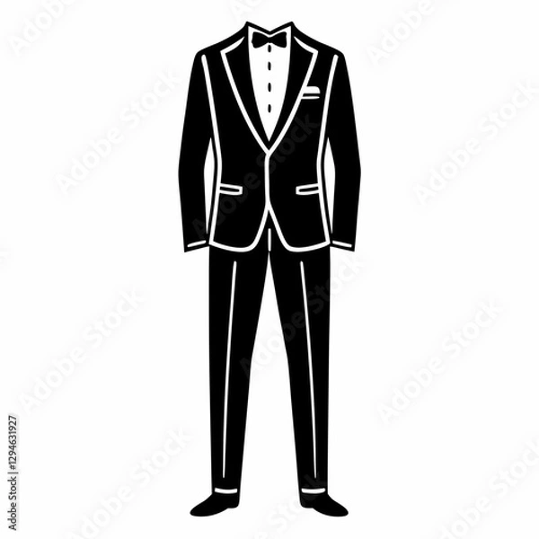 Fototapeta a classic black suit, a symbol of elegance and formal occasions, is ready to be worn. A bow tie and pocket square add the final touches