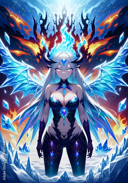 Fototapeta Elemental Goddess: Fantasy Digital Art Featuring Powerful Female Character with Ice and Fire Elements - Perfect for Gaming Art, Fantasy Book Covers, and RPG Character Illustrations