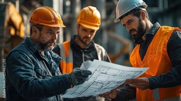 Fototapeta Professional Architect and Engineer Analyzing Blueprints at Construction Site, Workers