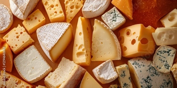Fototapeta Different varieties of cheese arranged on a wooden surface for a gourmet tasting experience
