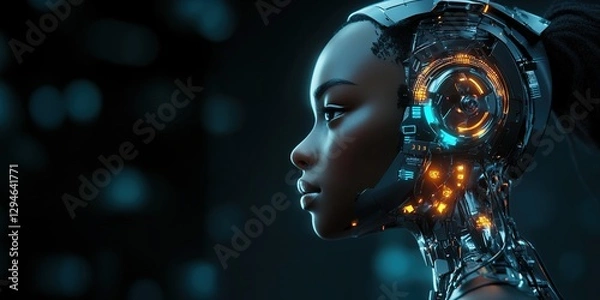Obraz AI Beautiful Black Female Robot Head Glowing Cybernetic Parts Dark Background Copy Space