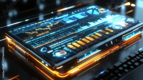 Fototapeta A high-tech business notebook with futuristic stock market holograms above the keyboard.