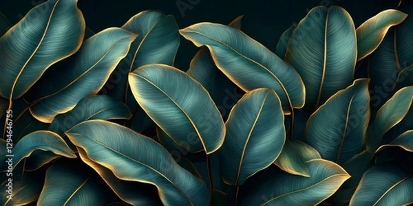 Fototapeta Golden and teal tropical leaves creating a luxurious pattern
