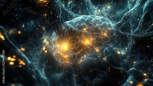 Obraz A complex network of interconnected nodes and connections, glowing with a vibrant mix of blue, orange, and yellow hues.