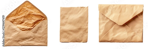 Fototapeta Correspondence Essentials: Studio shot featuring three essential items: a blank paper and two brown paper envelopes. This image conveys themes of communication, mail, and business