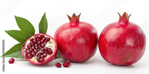 Fototapeta Fresh pomegranates with green leaves on white background