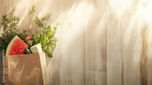 Fototapeta Paper Bag with Mixed Groceries Including Watermelon Slice, Cheese Block, and Fresh Herbs on Light Wooden Background with Open Space