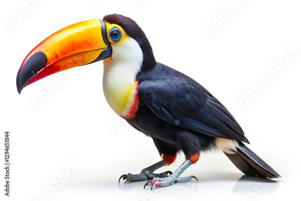 Fototapeta Vibrant toucan with a large colorful beak, perched against a white background. AI Generated