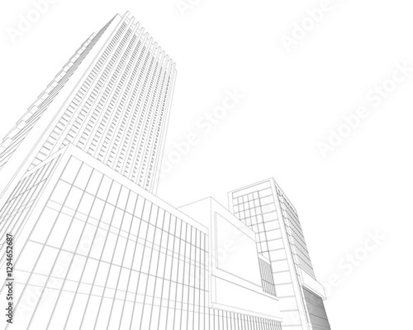 Fototapeta Modern Skyscraper Wireframe. Futuristic Urban Architecture in Abstract Perspective