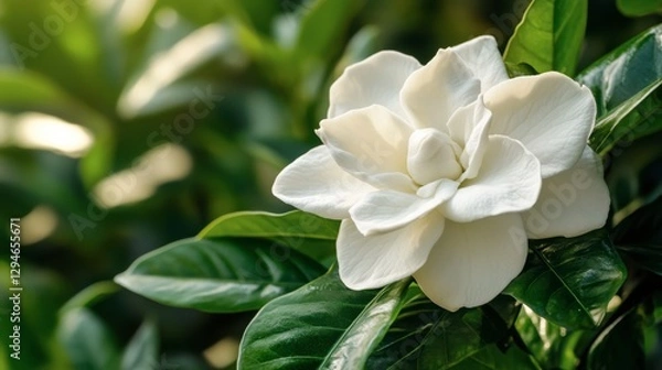 Obraz A white gardenia flower with deep green leaves behind it.