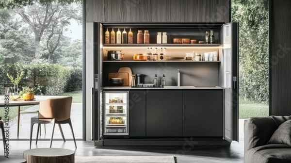 Fototapeta Compact modern kitchen in an apartment with space-saving solutions, sleek shelves, and a smart fridge.