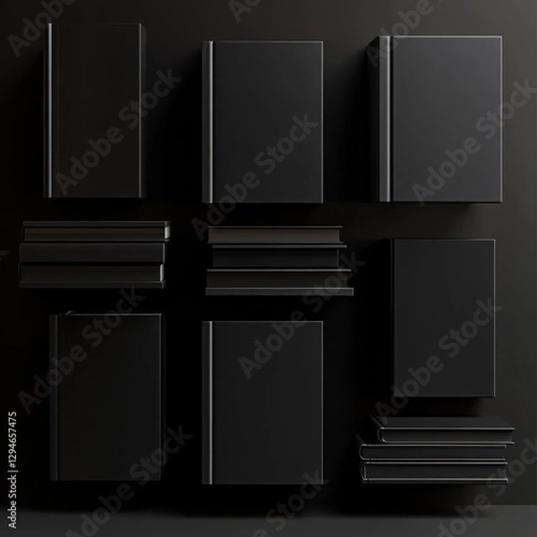 Fototapeta Monochromatic Book Collection: An Array of Dark Hardback Books Against a Shadowy Backdrop, Revealing Texture and Form