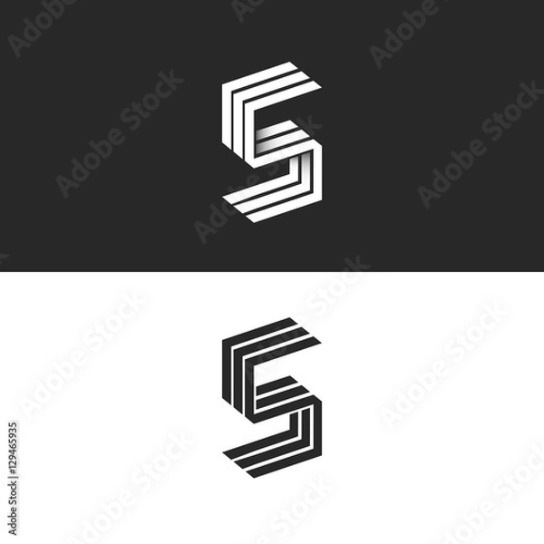 Obraz Letter S logo isometric black and white typography design element, hipster minimalistic symbols initials SSS parallel lines monogram emblem