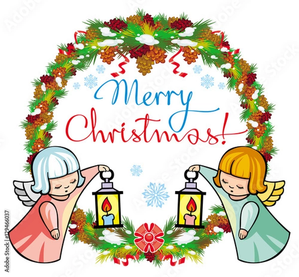 Fototapeta Round holiday label with angels and greeting text "Merry Christmas!". 