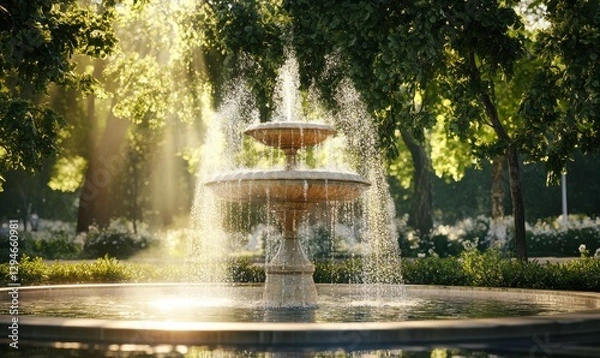 Obraz Fountain spraying crystal-clear water into the air under bright sunlight, soft reflections creating a dynamic and refreshing scene