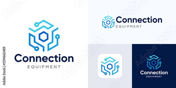 Fototapeta Hexagon connection logo, Modern Network connection logotype, cloud connected database, Software or Hardware logo for technology, Integrity connectivity sign, Server computing, Architecture technology