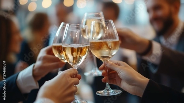 Fototapeta A group of people holding wine glasses. Networking executive at the business. Cheering on the crowd at a wine event. A team of individuals with wine lifestyle glasses in hand.