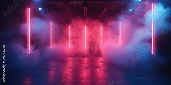 Fototapeta Vibrant neon lights illuminate a fog-filled space, creating an energetic atmosphere perfect for a lively event