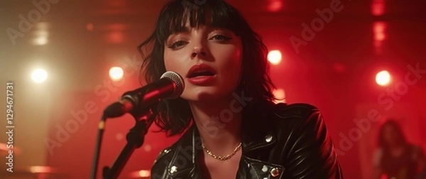 Fototapeta Dynamic performance by a punk rock vocalist in a leather jacket with intense stage lighting