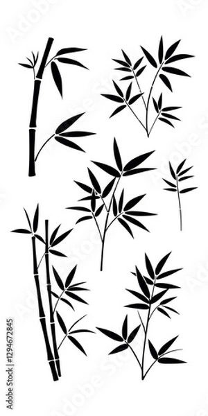 Fototapeta Bamboo, black silhouette on transparent background, vector set for stencil