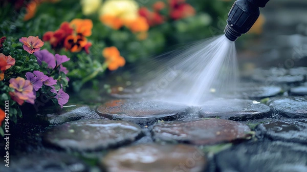 Fototapeta Close-up of a pressure washer nozzle effectively cleaning stones in a garden surrounded by colorful flowers on a sunny day