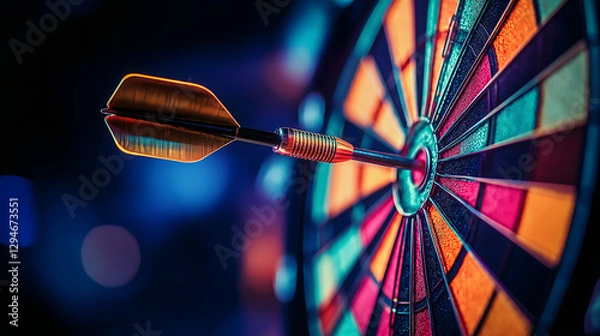 Fototapeta Dart strikes the bullseye of a brightly lit dartboard in a lively game setting during an evening competition