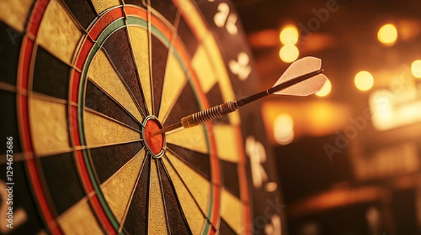 Fototapeta Perfectly centered dart strikes the bullseye in a dimly lit pub during an evening of competitive play