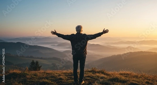 Fototapeta Silhouette of person with outstretched arms on mountain at sunset for inspirational content, retirement planning, wellness blogs, articles about freedom in later life, motivational blogs