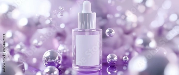 Obraz Floating white cosmetic bottle with luxurious spheres in a soft-lit environment