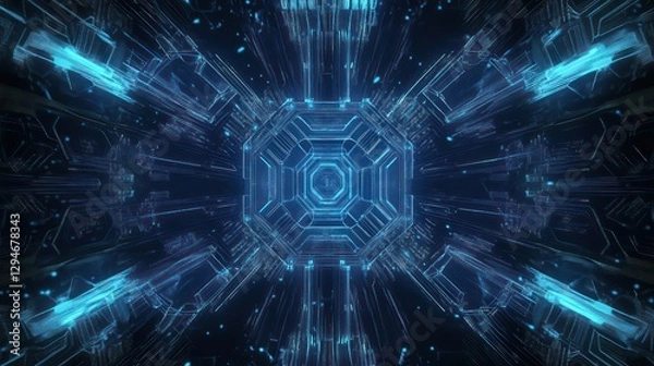 Fototapeta Futuristic circuit board design with glowing blue lines forming intricate patterns, set on a dark navy background.