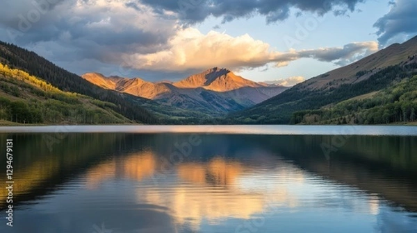 Obraz Golden hour light filters through the clouds, casting a soft glow over a majestic mountain range towering above a peaceful lake