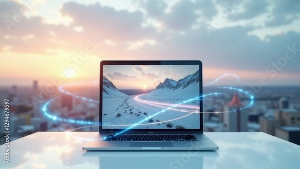 Obraz Lone laptop showcases real-time analytics as transparent arcs of streaming data, backed by machine learning for continuous insight.