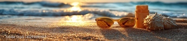 Fototapeta Sunglasses and sunscreen on the beach at sunset with a tranquil atmosphere. Generative AI