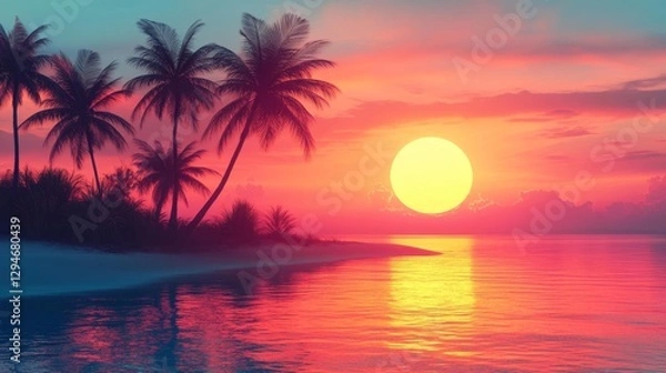 Fototapeta Tropical sunset with colorful sky and peaceful palm trees on the beach. Generative AI