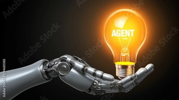 Fototapeta An autonomous humanoid robot AI agent holding a lightbulb symbolizing agentic autonomy and the growth of ideas through brainstorming between humans and robots using AGI automation for success