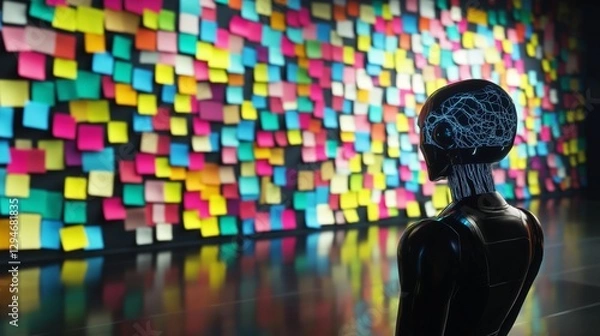 Fototapeta A humanoid robot AI agent brainstorming ideas symbolizing the agentic autonomy of work and the automation of jobs in the future using autonomous technology for productivity