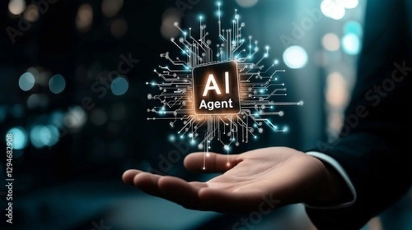 Fototapeta A human buisinessman holding an AI agent hologram symbolizing agentic autonomy and the future of autonomous agents in business and work through automated workers and technology