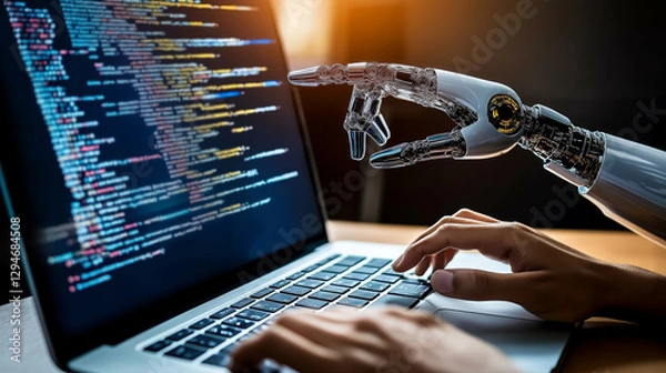 Fototapeta A humanoid AI agent robot helping a human worker with coding at a laptop computer symbolizing agentic autonomy at work and the future of automation in jobs with copilot bots as assistants